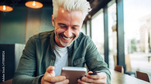 A white-haired young man looking at the smartphone and laughing closeup.