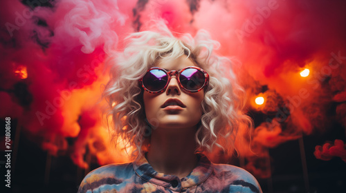 Trippy wallpaper with a woman in sunglasses. Generative AI
