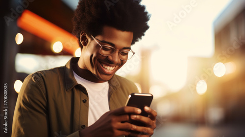 An young man with huge afro looking at the smartphone and laughing closeup. photo