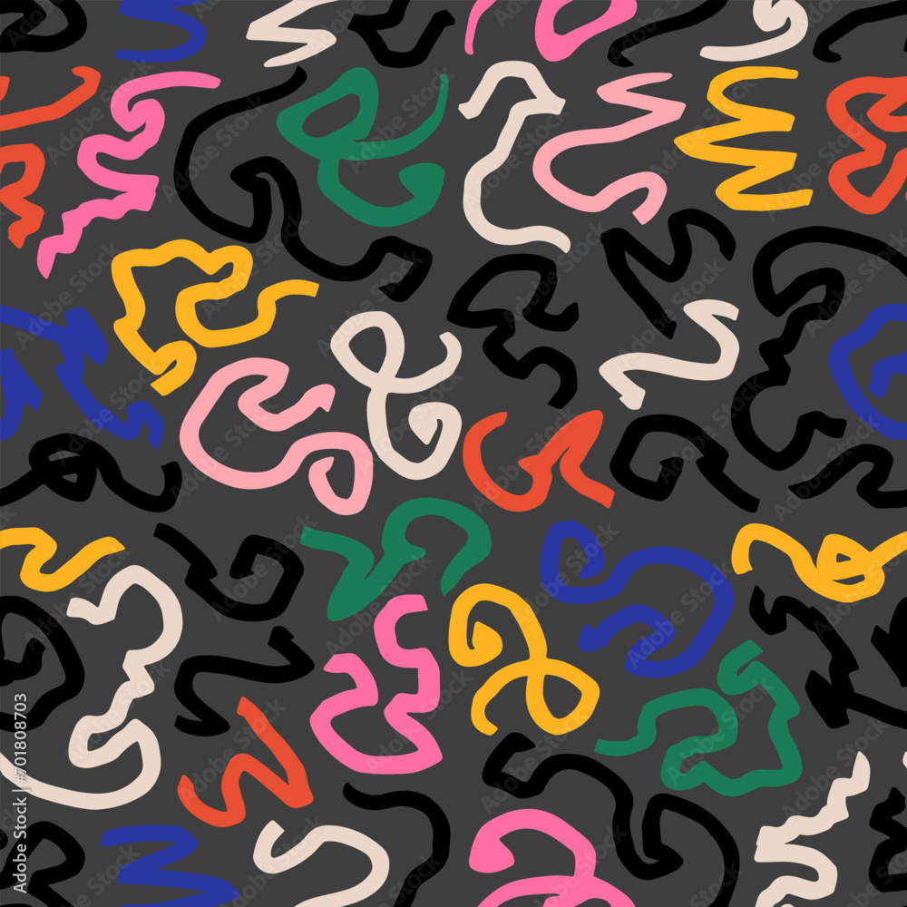 Groovy funky seamless pattern in trendy retro cartoon style. Vector background with wavy and spiral elements.