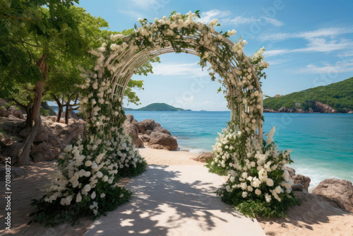 Wedding arch decorated with white flowers for marriage registration on the seashore or ocean