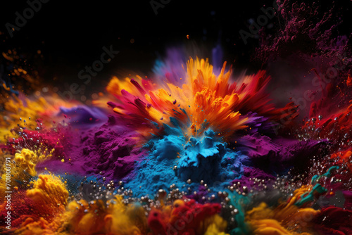 Colored powder explosion. Paint holi, Colorful rainbow hole paint splash on black background