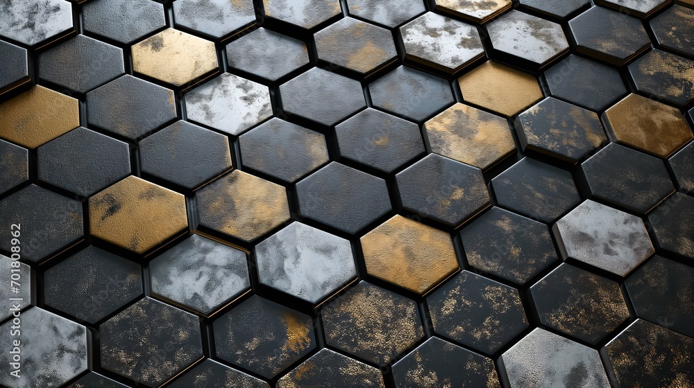 3d rendering of abstract metallic background with hexagons in black and gold color 3d rendering of abstract metallic background with hexagons in black and gold color
