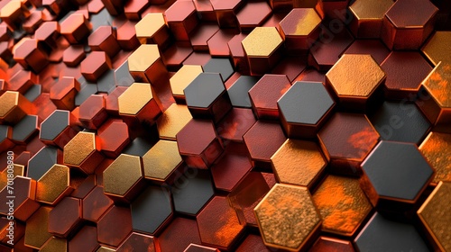3d rendering of abstract metallic background with hexagons in black and gold color