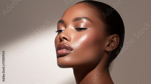 clean natural make up profile of young African American woman with blue eyes on isolated background © Paula