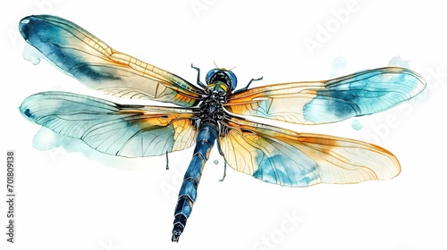Watercolor dragonfly isolated on white background. Hand drawn illustration.