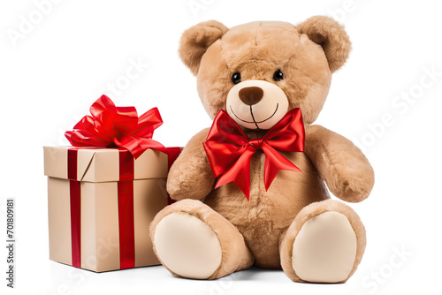Bear toy with gift box. Cut out on transparent © Ara Hovhannisyan