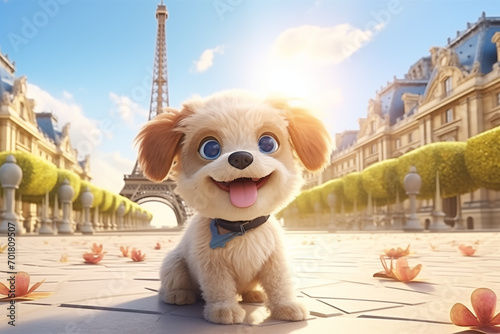 dog in front of Eiffel Tower
