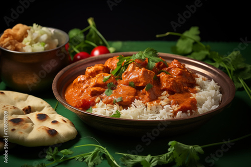 Close-up of Chicken tikka masala spicy curry meat food with rice and naan bread on the table