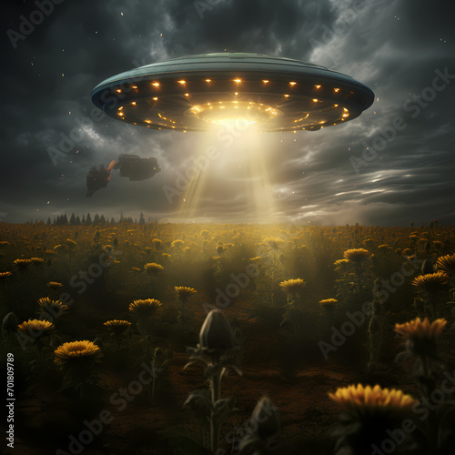 UFO abducting a field of sunflowers.