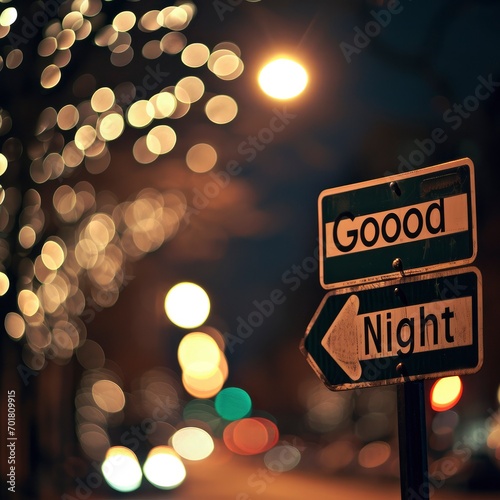 A photograph of a street sign with the text Good Night.