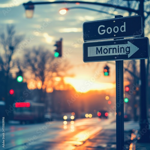 A Photograph of a Street Sign with the Text Good Morning on Morning Background
