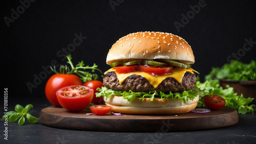 Tasty cheeseburger with meat tomatoes and green salad on dark background