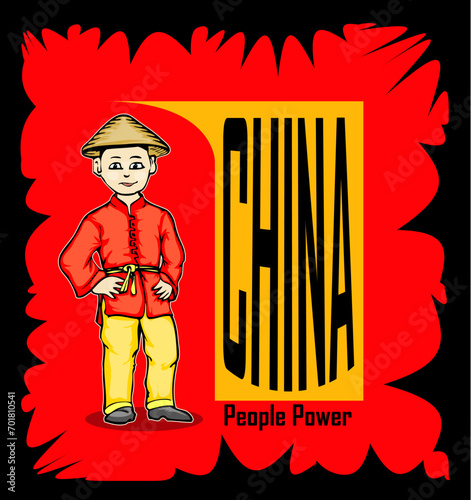 chinese traditional person, wearing red cloth, on red background, cartoon hand draw illustration