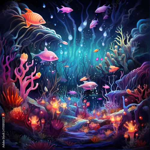 Whimsical underwater world with neon-colored sea creatures