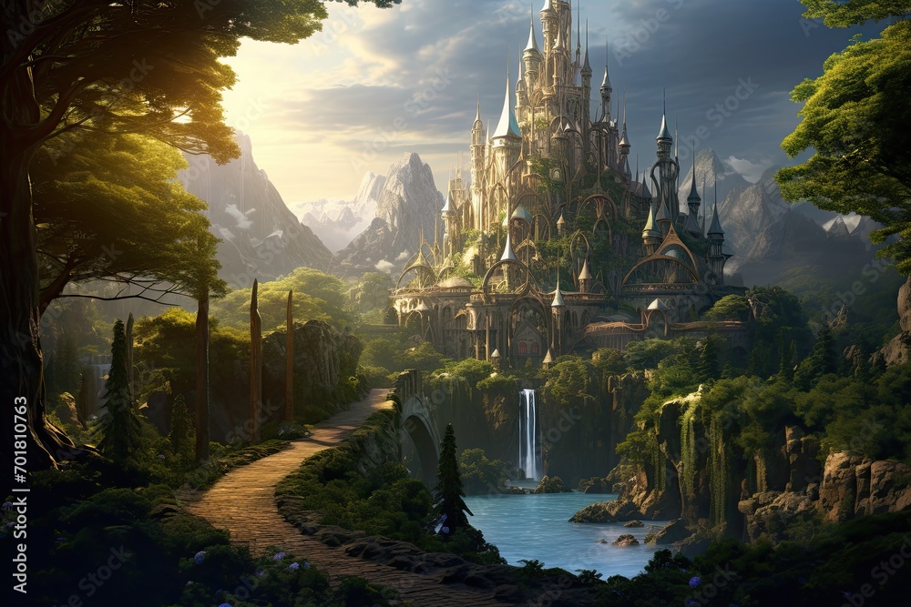 Fototapeta premium Magic Fairy Tale Landscape with Castle and waterfall. 3D Rendering, AI Generated