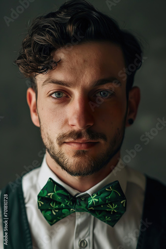 Portrait of a man with a green shamrock bow tie.
