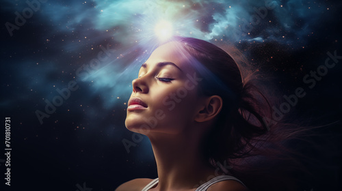 A woman melds with cosmic light, exemplifying meditation's depth.