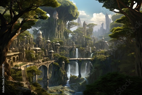 Fantasy landscape with a waterfall and a bridge. 3d rendering, AI Generated
