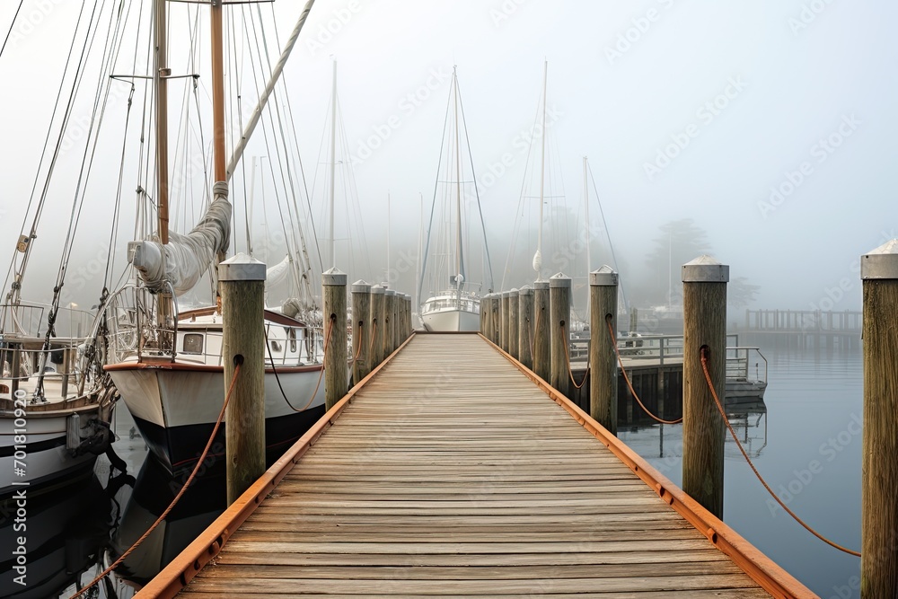 Wooden pier in the misty morning. Yachts and boats, AI Generated