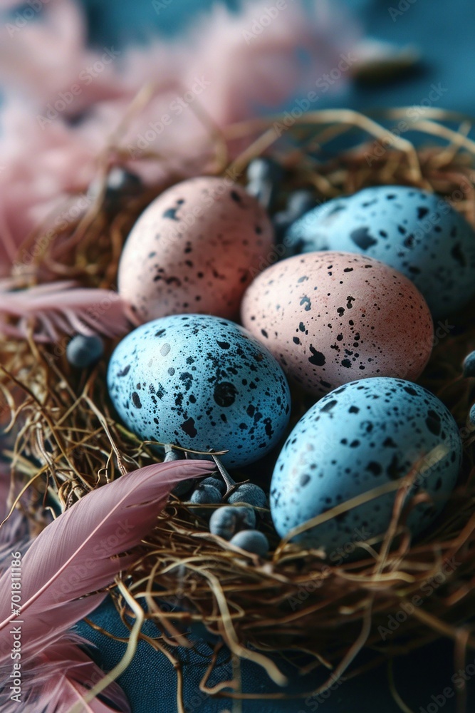 Pink and blue easter eggs in nest Pink and blue easter eggs in nest