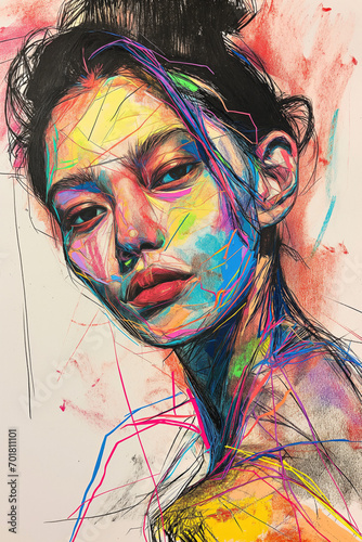 Dramatic Asian Visage with Rainbow Contour Lines and Abstract Expression