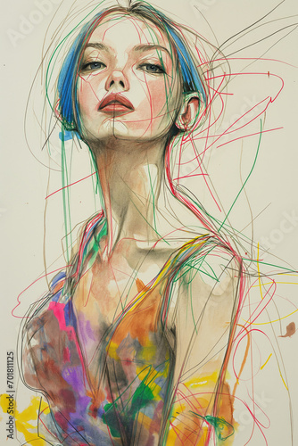 Bold Fashion Sketch of Woman with Blue Hair and Dynamic Lines