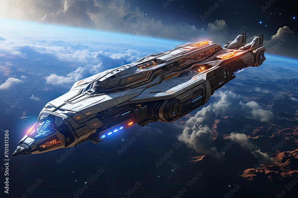 Space ship in outer space. Futuristic spaceship in deep space, AI Generated Space ship in outer space. Futuristic spaceship in deep space, AI Generated