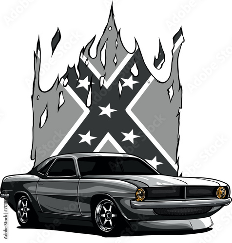 monochromatic illustration of muscle car with confederate flag photo