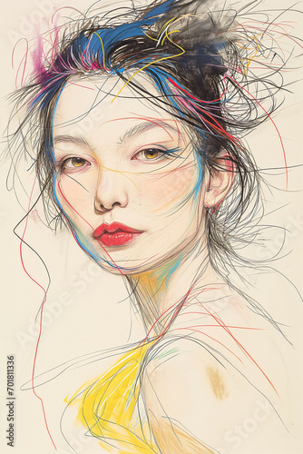 Captivating Asian Beauty with Color-Infused Abstract Hairstyle Sketch