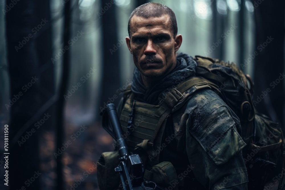 Portrait of a man with a machine gun in the forest, AI Generated Portrait of a man with a machine gun in the forest, AI Generated