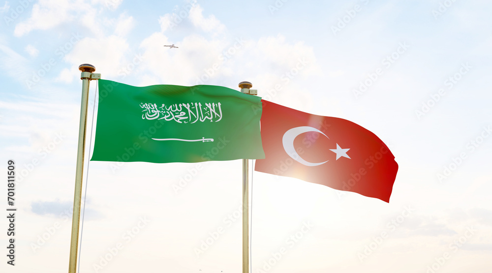 Turkey and Saudi Arabia Flags are waving in the spring of the blue sky. 4K ULTRA HD. Turkey and Saudi Arabia Flags are waving in the spring of the blue sky. 4K ULTRA HD.