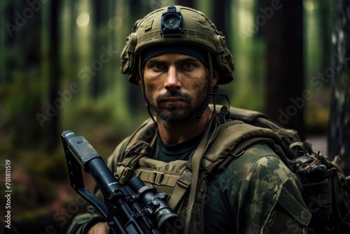 Portrait of a man with a machine gun in the forest, AI Generated