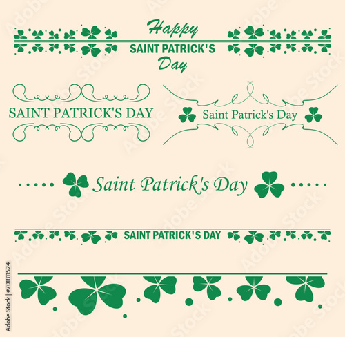 floral delimiters. Green decorative borders with clover leaves. Vector trefoils for Saint Patrick Day