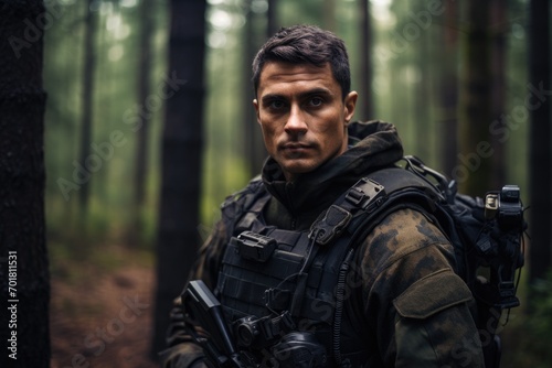 Portrait of a young soldier in the woods. Military concept, AI Generated