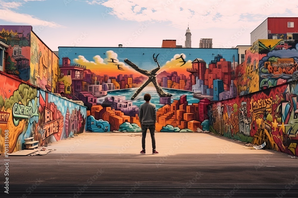 Obraz premium Man with skateboard and graffiti on the wall. Urban scene, AI Generated