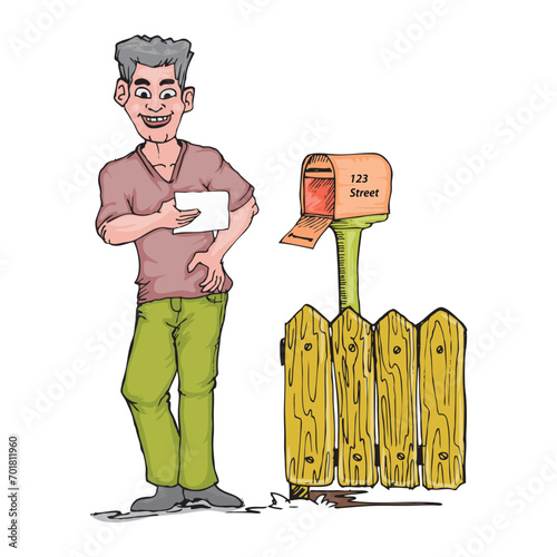 adult man holding a letter standing near the leter box, cartoon hand draw illustration