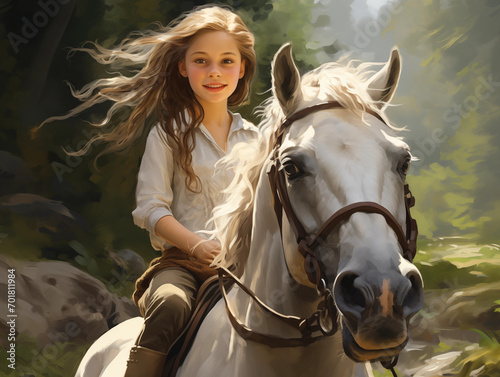 Illustration - blondes Mädchen reitet auf dem Pferd im Wald