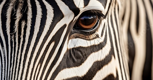 Close up of a zebra s eye with black and white stripes