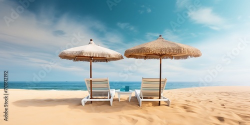 Chairs and umbrellas on the beach. 3d rendering