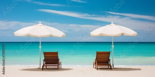 Beach chairs and umbrella on tropical sand beach. Vacation concept