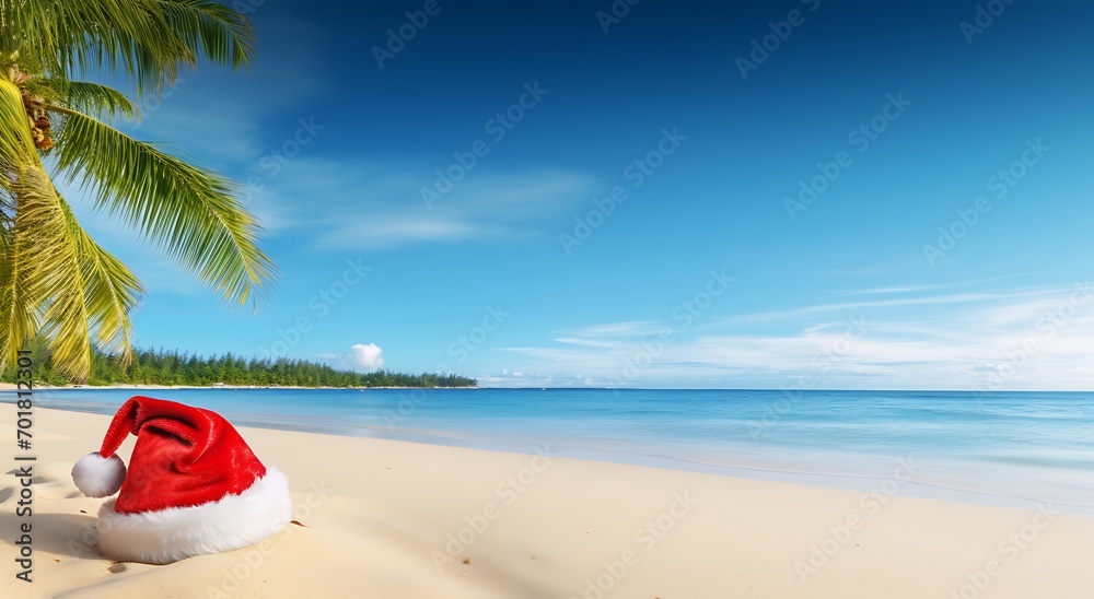 Santa Claus hat on the beach with palm tree and blue sky background Santa Claus hat on the beach with palm tree and blue sky background