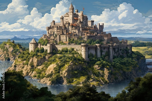 Fantasy landscape with medieval castle on the rock over blue sky background, AI Generated