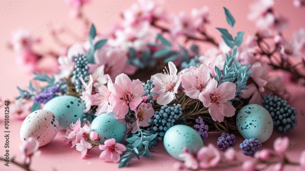 Easter wreath of herbs, flowers and Easter eggs on pink background