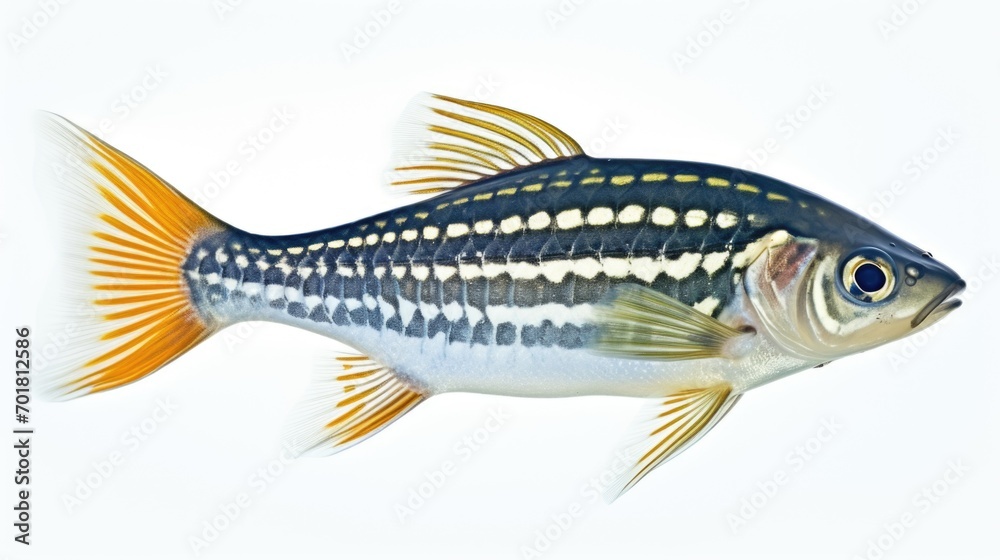 A black and white striped fish with yellow fins. A black and white striped fish with yellow fins.