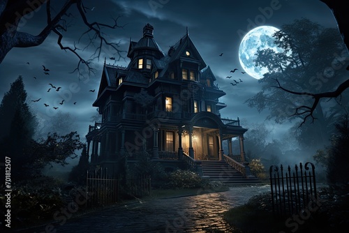 Halloween background with haunted house and full moon in the forest, AI Generated