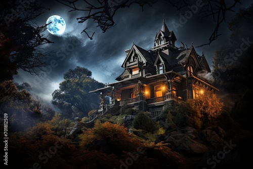 Halloween background with haunted house and full moon. Halloween concept, AI Generated