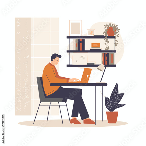 Man working on laptop in office with white background, minimalist vector