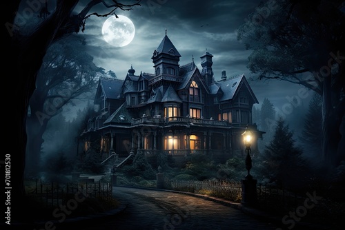 Halloween background with haunted house and full moon. 3d rendering, AI Generated