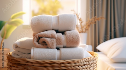 Soft towels are stacked in wicker basket. © sopiangraphics